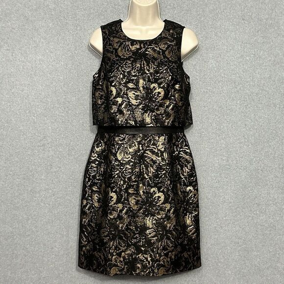 Cynthia Steffe Womens Dress 4 Black Gold Metallic Floral Sleeveless Event Fairy - Picture 2 of 14
